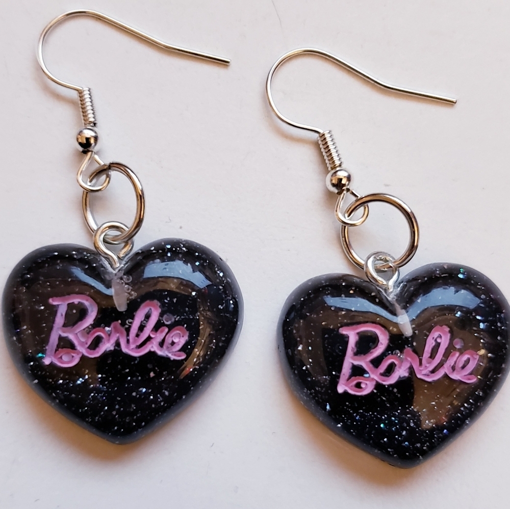 Handmade Black Glitter Resin Heart Barbie Earrings